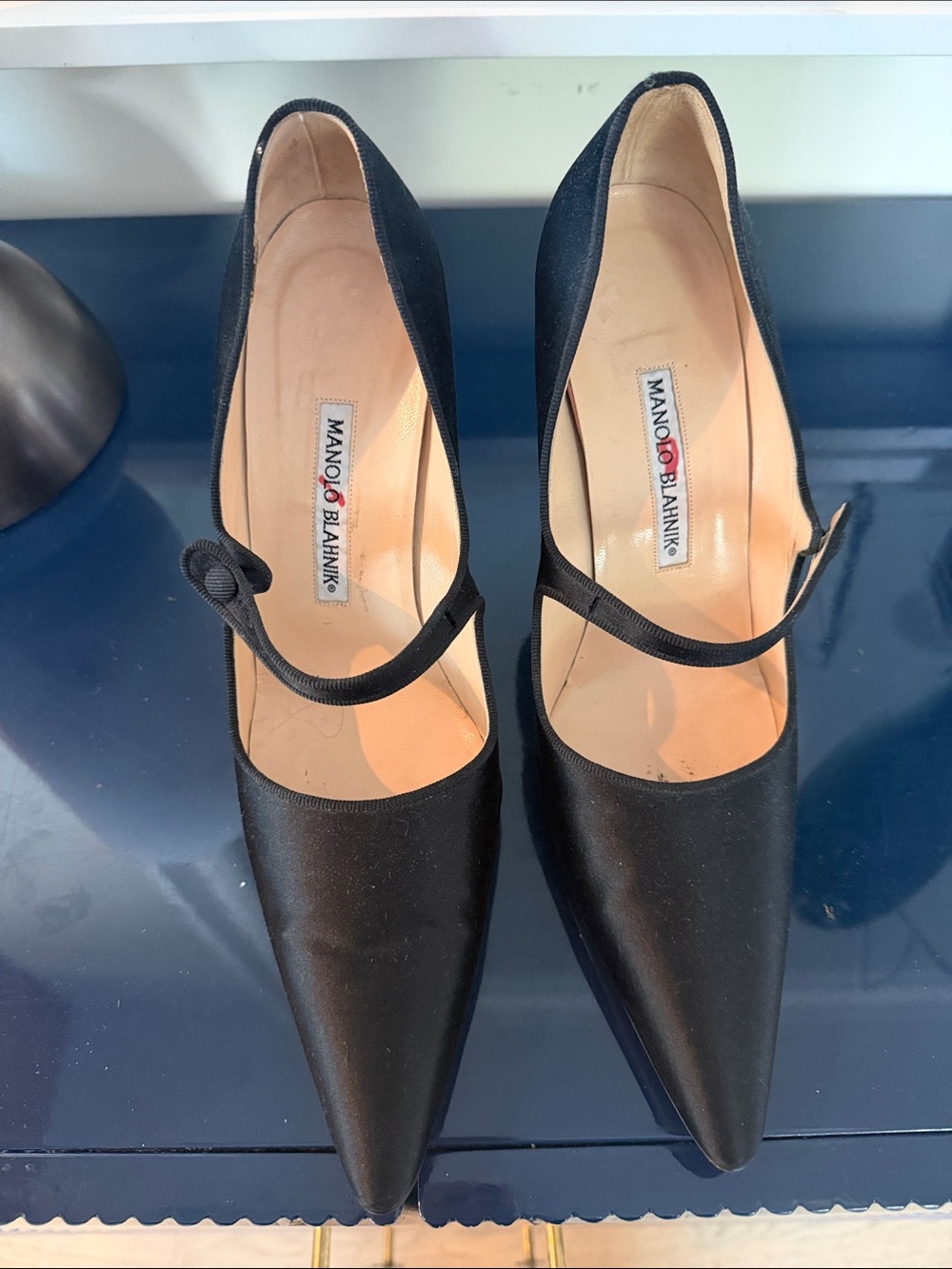 Manolo Blahnik Black Satin Pointed Mary-Jane Heels